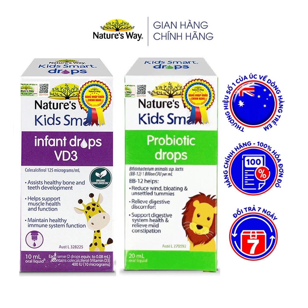 Combo 2 Hộp Nature's Way Kids Smart Probiotic Bổ Sung Men Vi Sinh Và Infant Drops VD3 Cung Cấp Vitamin D Cho Bé