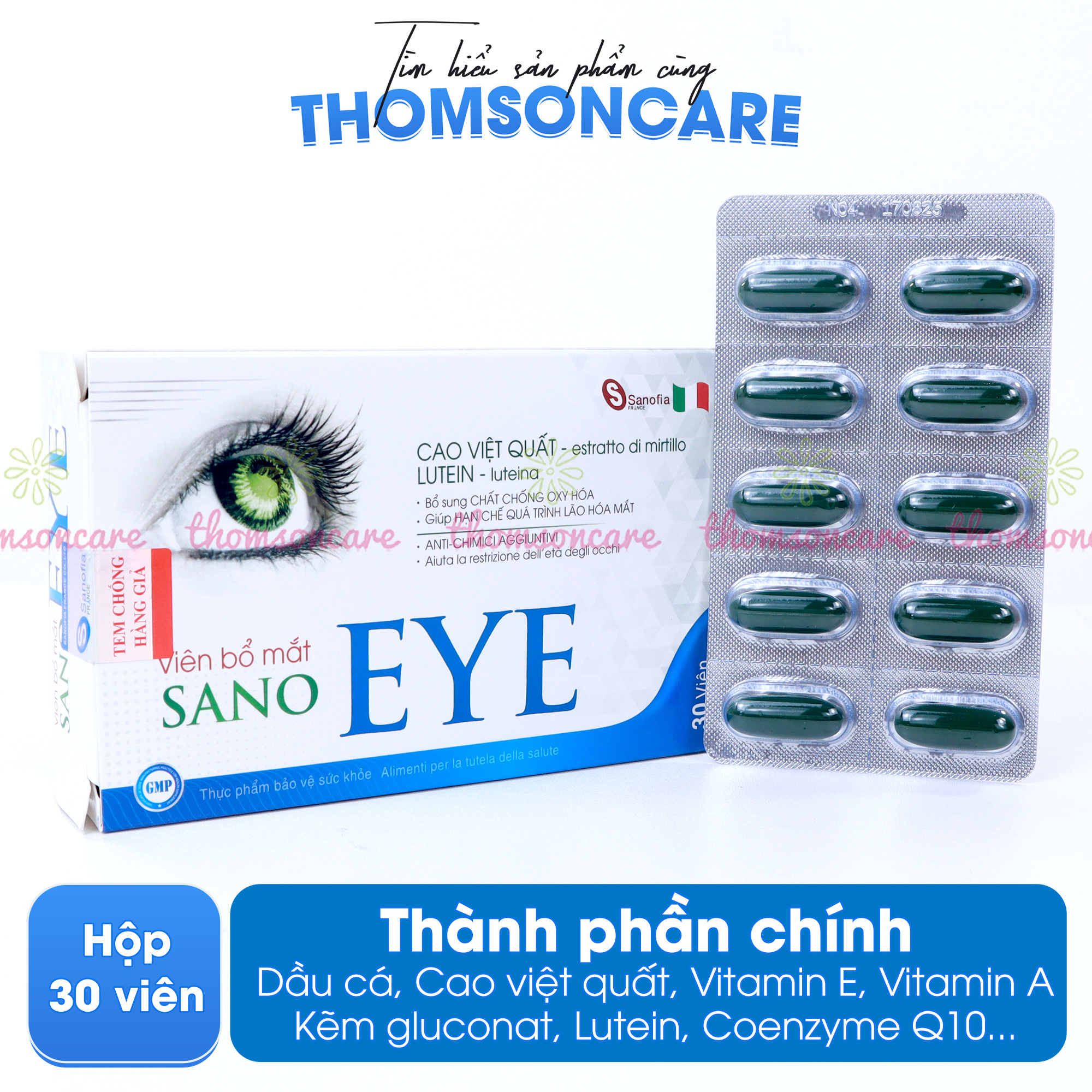 Viên uống bổ mắt SanoEye - Giúp cải thiện thị lực, mờ mắt, chống khô mắt, loạn thị từ dầu cá, việt quất - Hộp 30 viên Thomsoncare