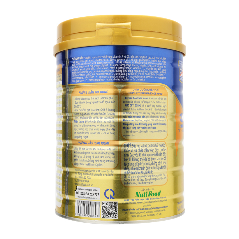 NutiFood RISO OPTI GOLD 3 Lon 900g Cho Trẻ Từ 1-2 Tuổi - Hàng Chính Hãng