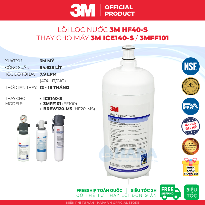 Lõi Lọc Nước 3M HF40-S Thay Cho Máy Lọc Nước 3M ICE140-S Hoặc 3M FF100 3MFF101 - Nhập Khẩu Mỹ, Hàng Chính Hãng 3M