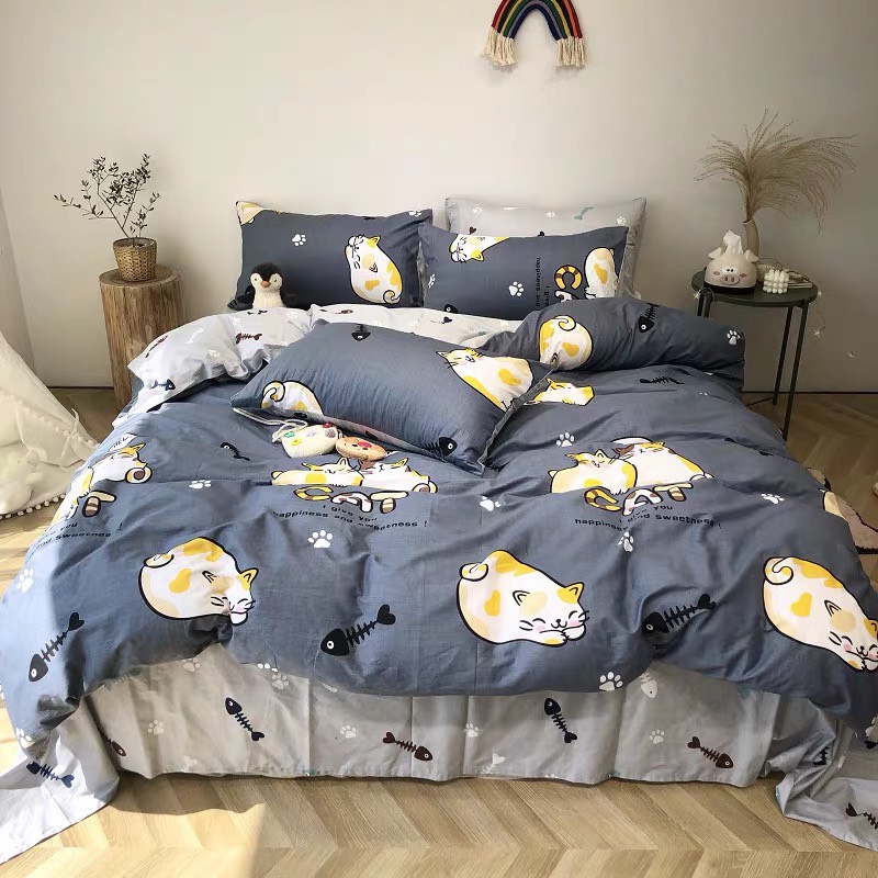 Bộ chăn ga gối cotton PL1 - Mèo Xương Cá - Tặng 01 móc khóa Houston