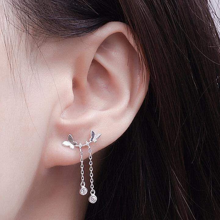 Bông tai bạc nữ- Bông tai bạc hình bướm treo trẻ trung, cá tính