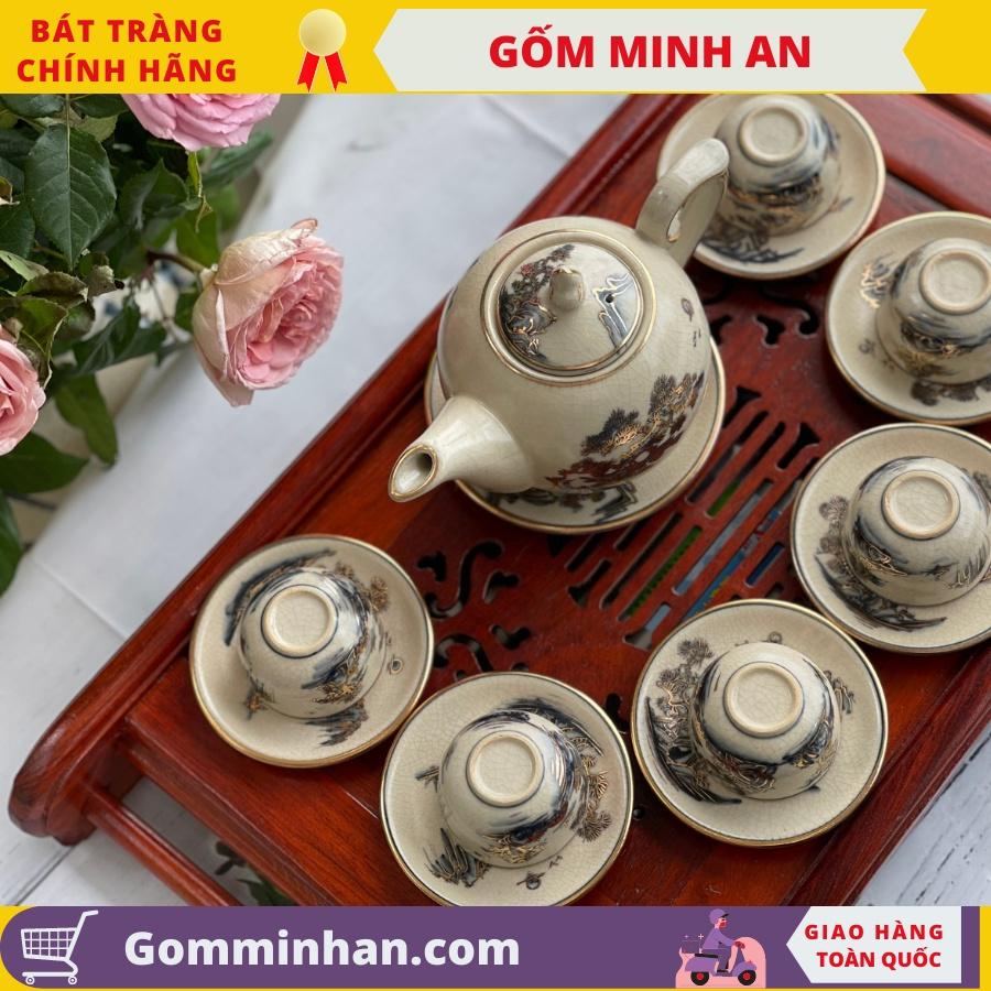 Bộ Ấm Trà Gốm Sứ Giả Cổ Vẽ Vàng Dáng Chóp Lửa Gốm Sứ Bát Tràng- Gốm Minh An- Bộ Ấm Trà Đẹp Sang