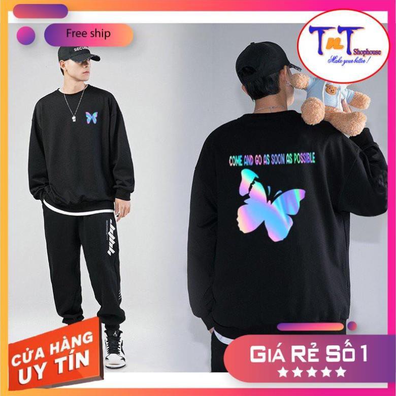 AS08 Áo Sweater Con Bướm Phản Quang Áo Nỉ Dài Tay Unisex Nam Nữ thời trang sinh viên học sinh cao cấp