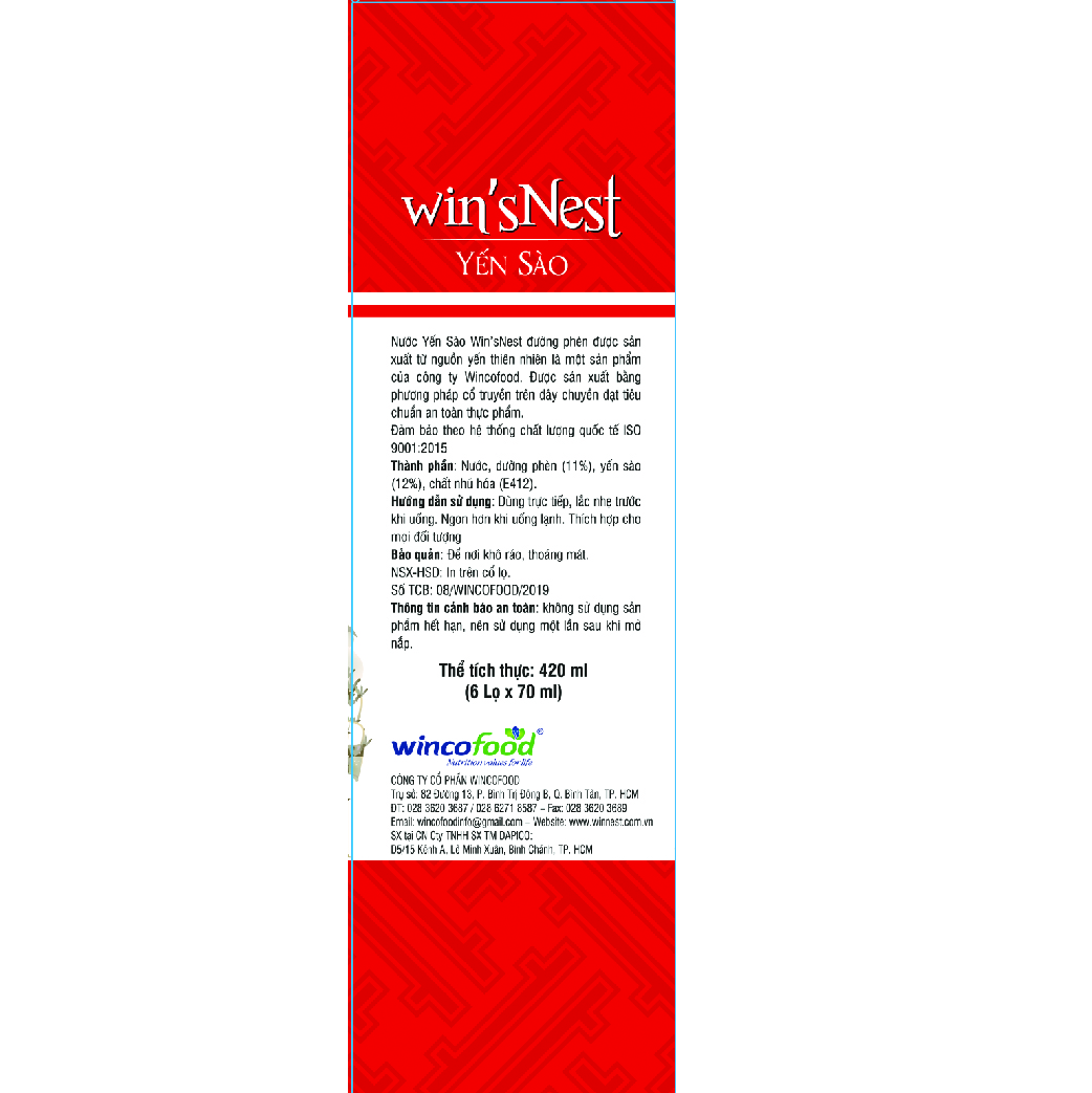 Nước Yến Sào win'sNest Đường Phèn 12% (6 Lọ * 70 ml / Hộp) Kèm túi xách