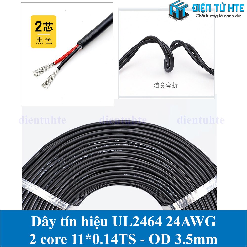 Bộ 5 mét Dây tín hiệu 2 lõi 2464 24AWG 11*0.14TS vỏ PVC 80 độ OD 3.5mm