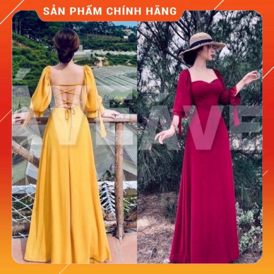 BIGSIZE 50-90KG Đầm maxi đan dây lụa lạnh cổ vuông tay dài xoè dài đan dây lưng hở lưng ngoại cỡ đi biển dự t