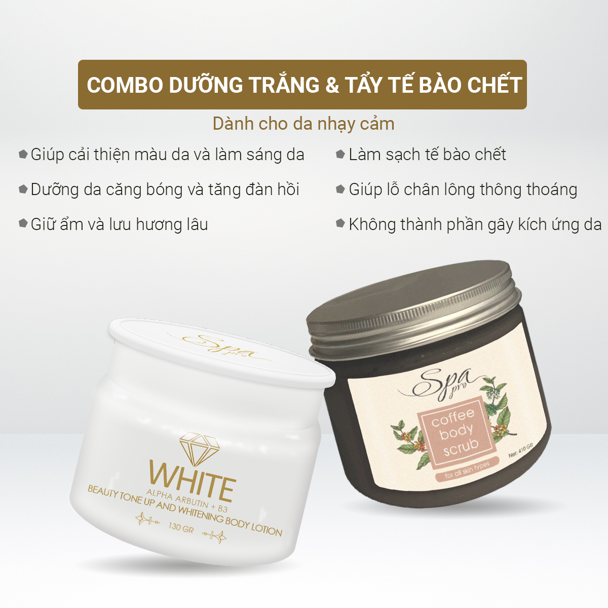 COMBO 2 - Tẩy Tế Bào Chết Cà Phê Và Dưỡng Thể Làm Trắng Da Dành Cho Da Nhạy Cảm SPA PRO