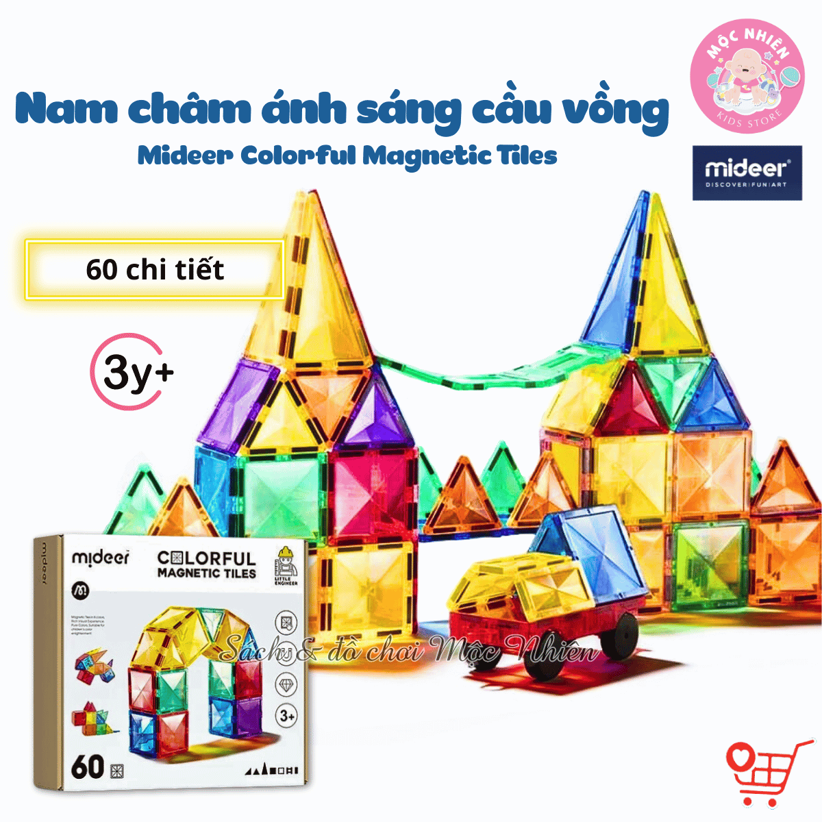 Đồ Chơi Xếp Hình Nam Châm Ánh Sáng Cầu Vồng Mideer Colorful Magnetic Tiles Cho Bé Từ 3 Tuổi Trở Lên - 60 Chi Tiết