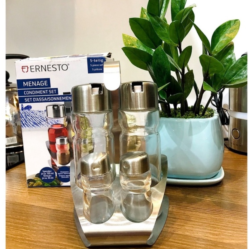 Set Đựng Gia Vị 4 Món ERNESTO, Chất Liệu Thủy Tinh, Nắp Thép Không Gỉ, 33ml, Nhập Đức