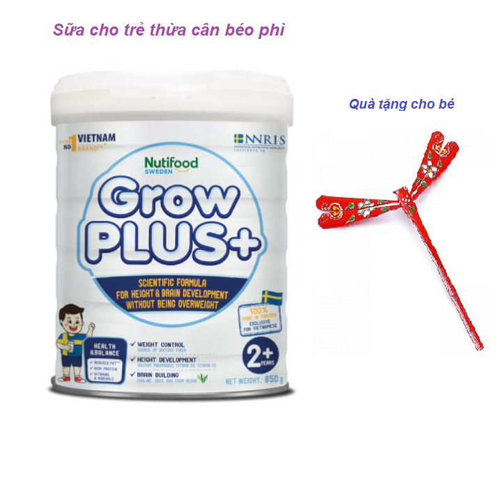 Sữa Bột Growplus+ Trắng 850g của Nutifood - Giúp Trẻ Kiểm Soát Cân Nặng Phát Triển Chiều Cao Và Não Bộ, tặng chú chuồn chuồn tre dễ thương.