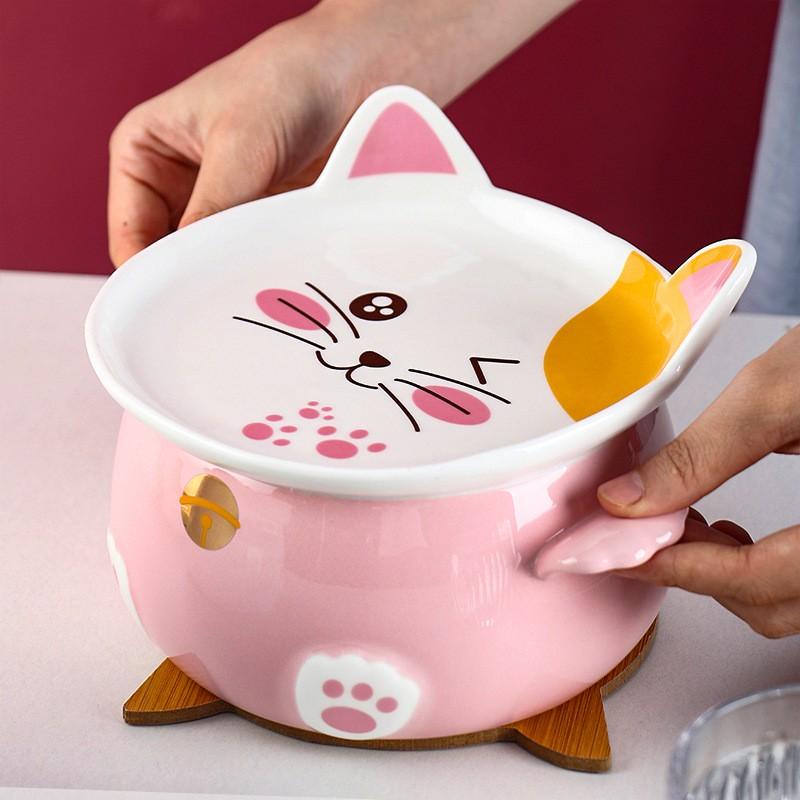 Tô Ăn Mỳ Dung Tích Lớn Có Nắp Đậy Hình Tai Mèo Dễ Thương Anime - Bát Tô Sứ 1080ml Cute