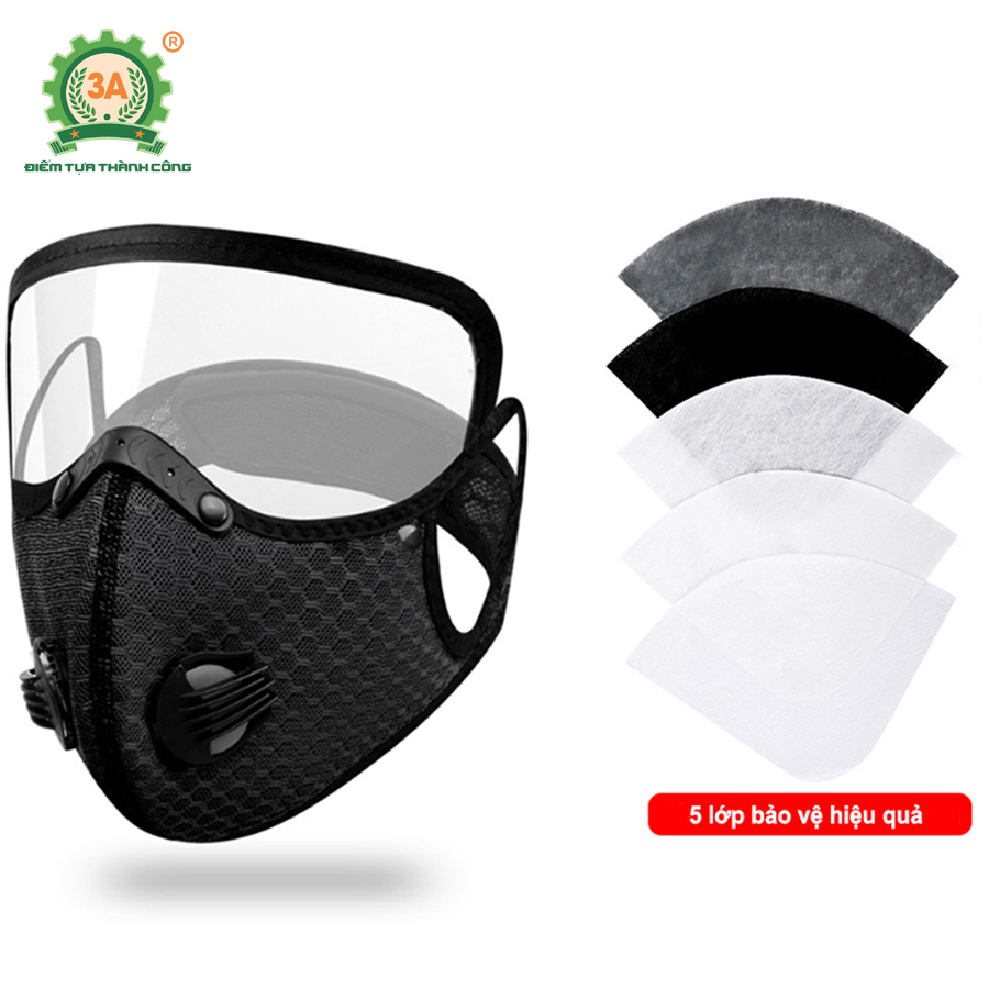 Khẩu trang ninja có kính 3A - Khẩu trang có kính che mắt, với 5 lớp lọc bụi, có lớp than hoạt tính, van thở thoáng khí