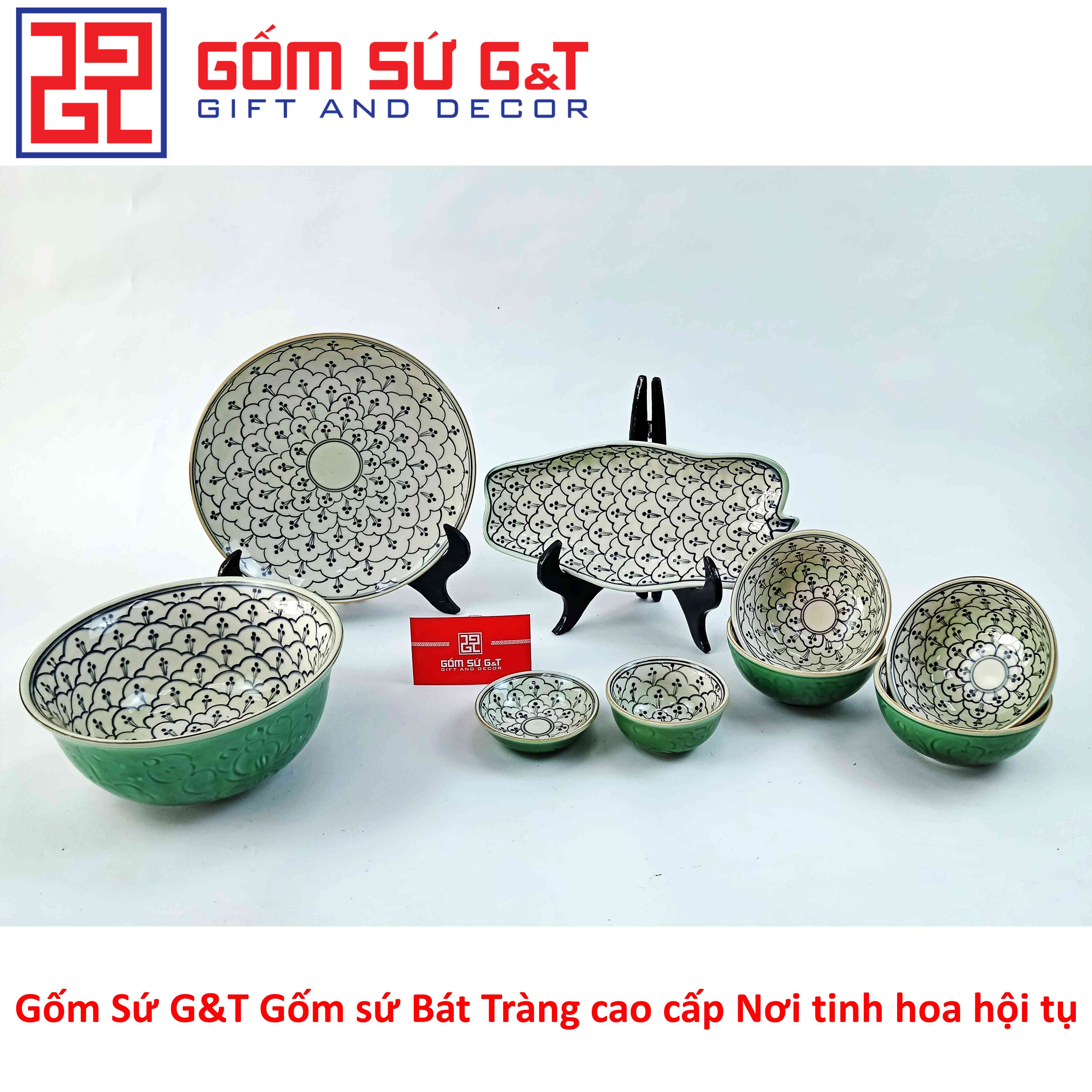 Bộ đồ ăn 4 người men xanh đồng vẽ hoa bèo Gốm Sứ G&amp;T