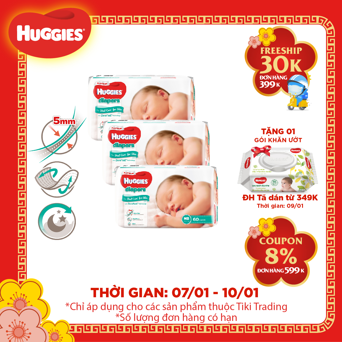 Bộ 3 miếng lót Huggies Newborn2 - 60 miếng