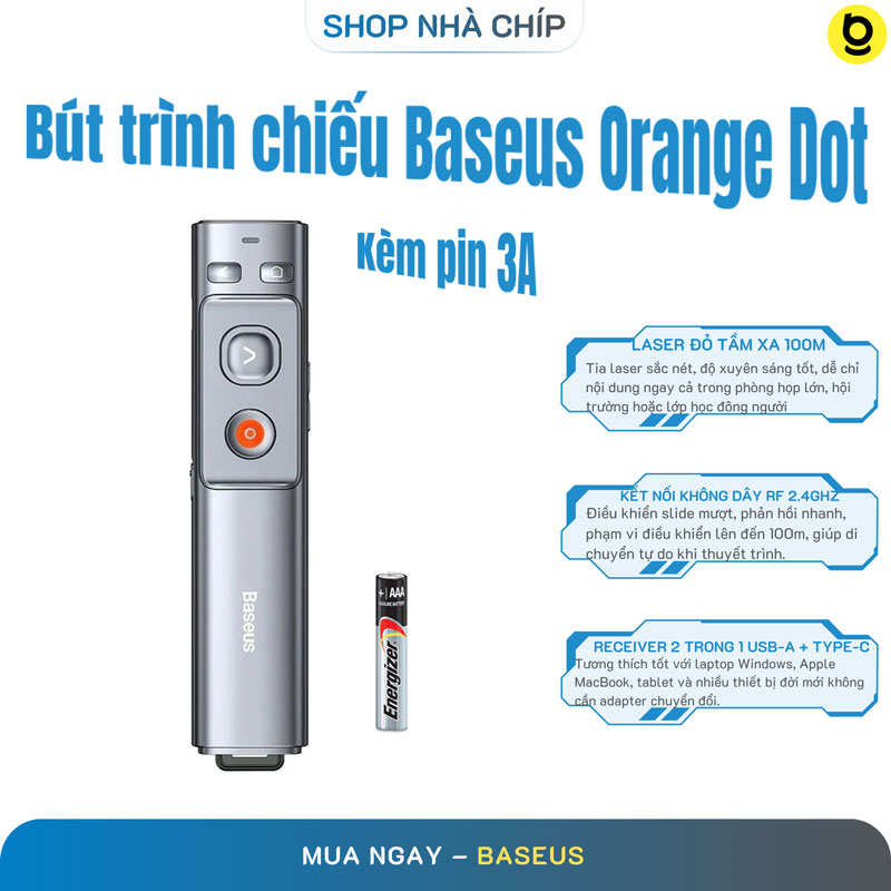Bút trình chiếu Baseus Orange Dot Laser đỏ điều khiển không dây USB/Type-C cho Laptop/MacBook - Hàng Chính Hãng