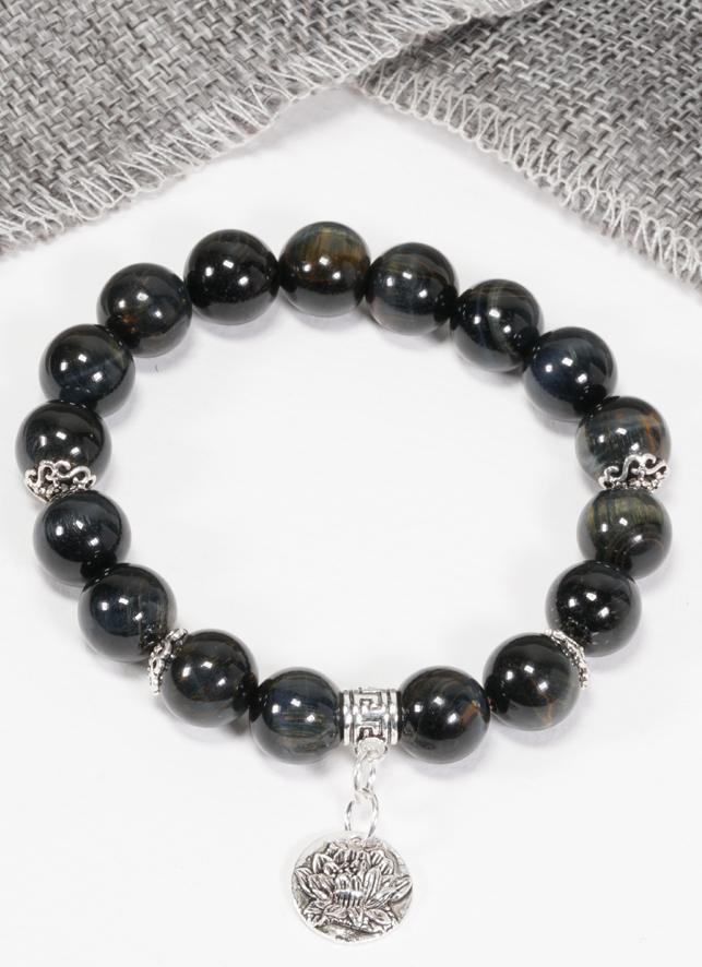 Vòng Mắt Hổ Xanh Đen Phối Charm Hoa Sen Bạc Ngọc Quý Gemstones