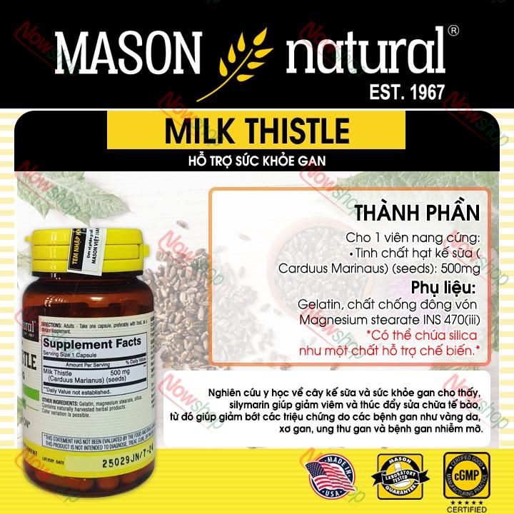 Viên uống giải độc làm mát Mason Natural Milk Thistle 500mg giảm tình trạng men gan cao