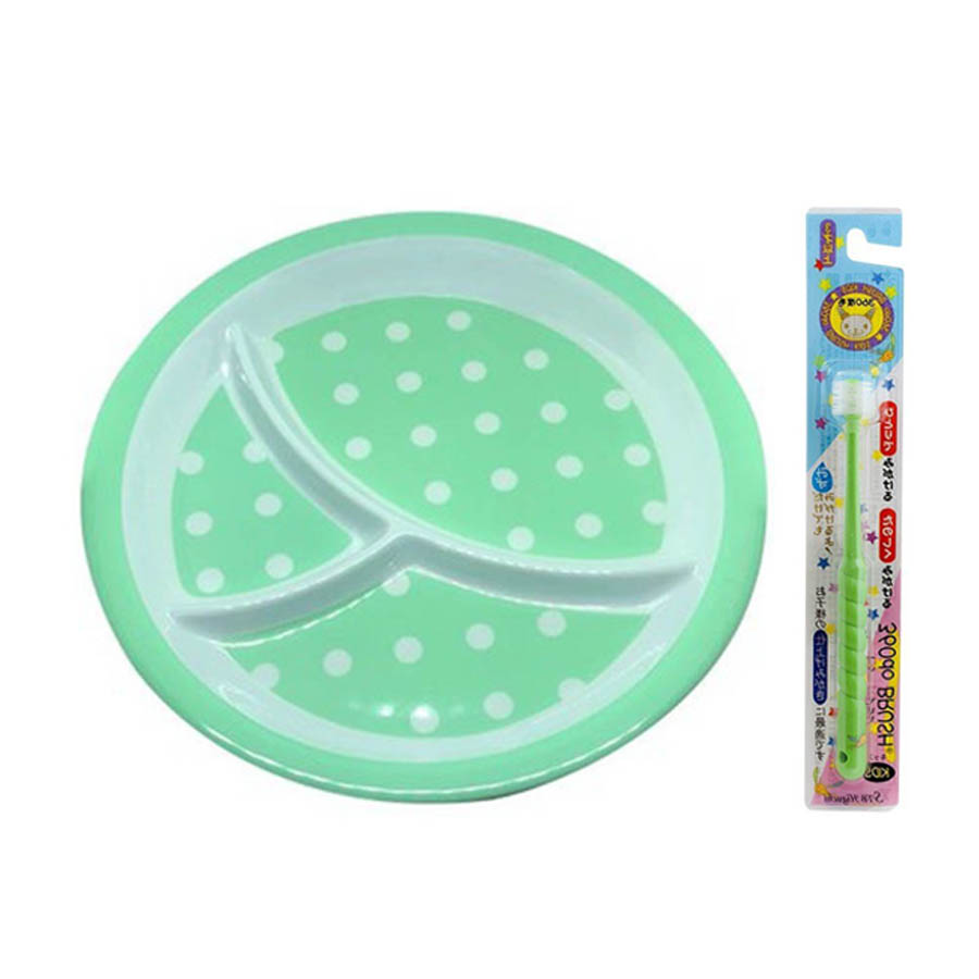 Combo Khay ăn chia 3 ngăn cho bé họa tiết chấm bi, dáng tròn màu xanh lá + Bàn chải đánh răng 360 độ Higuchi cho trẻ từ 3 tuổi - Nội địa Nhật Bản