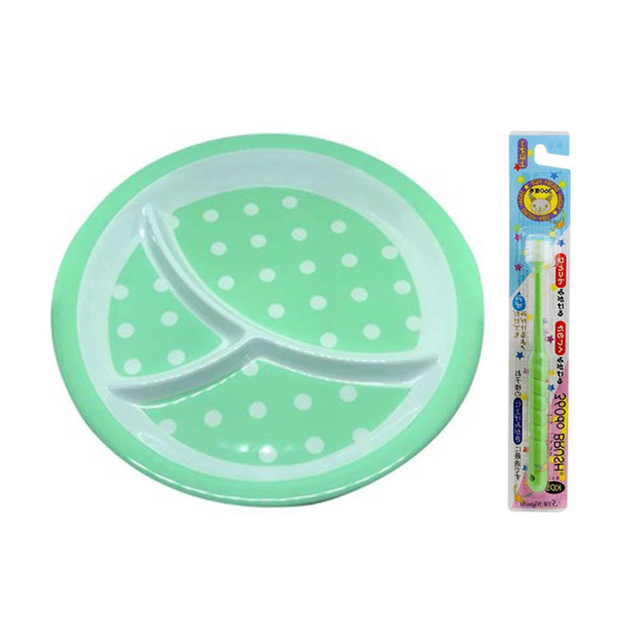 Combo Khay ăn chia 3 ngăn cho bé họa tiết chấm bi, dáng tròn màu xanh lá + Bàn chải đánh răng 360 độ Higuchi cho trẻ từ 3 tuổi - Nội địa Nhật Bản
