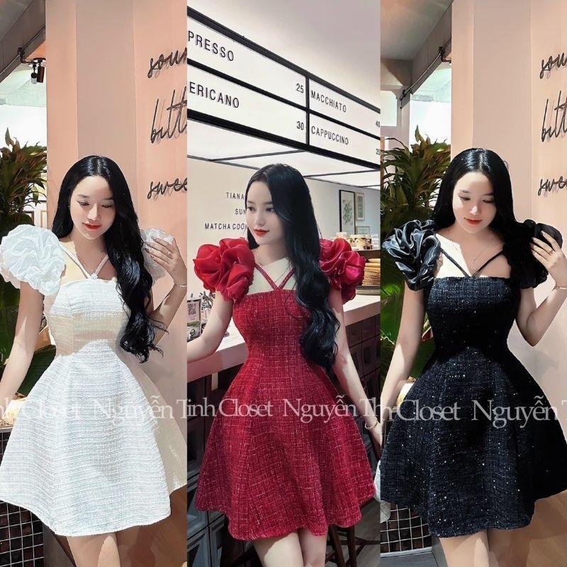 Đầm body nữ dạ xước phối tơ vai bồng xinh xinh duyên dáng