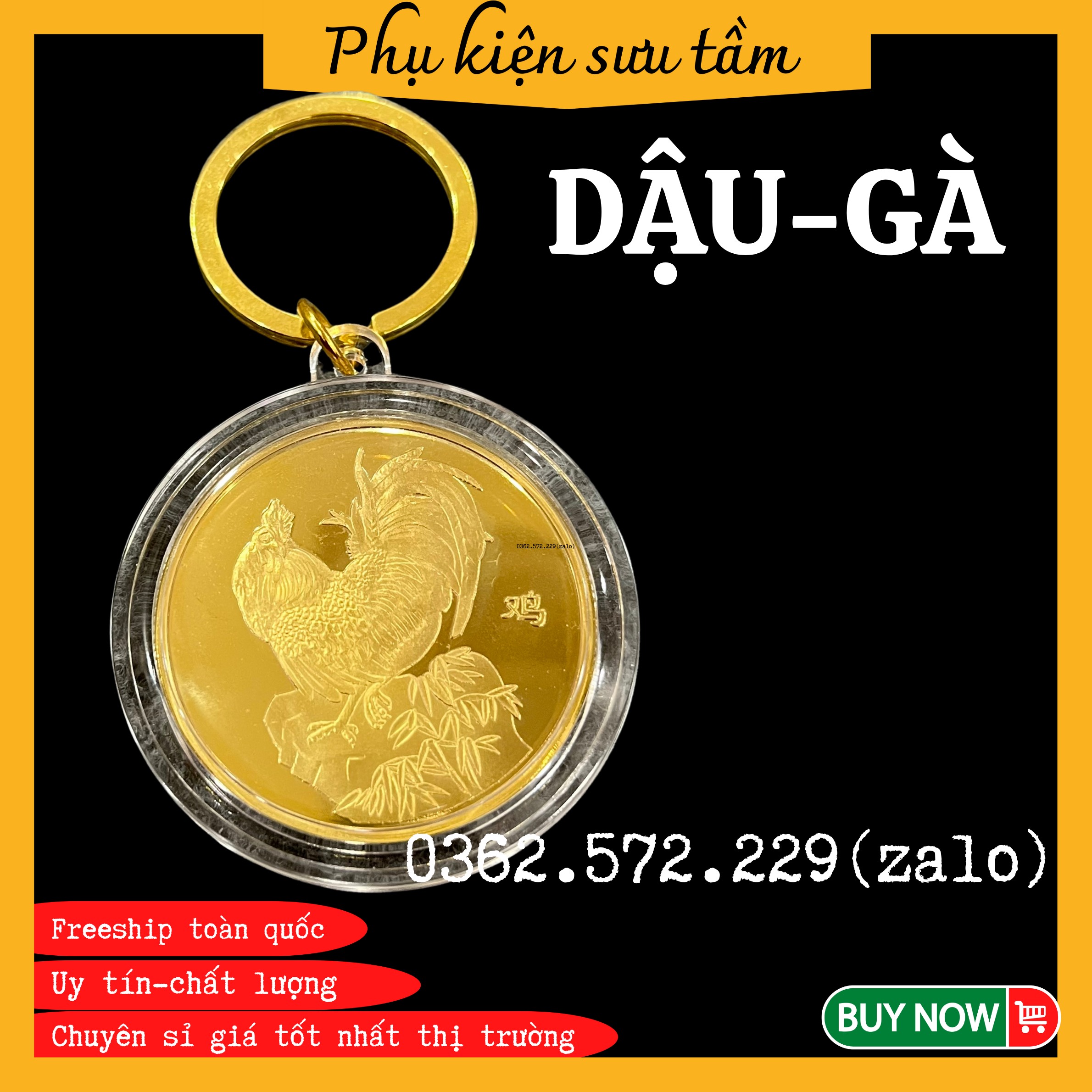 Móc Khóa Đồng Xu 12 Con Giáp Khắc Hình Con Giáp DẬU-GÀ Phong Thủy May Mắn độc đáo, Chất Liệu Niken Mạ Vàng Sáng Bóng