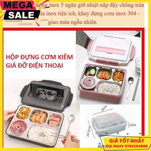 Hộp Đựng Cơm Văn Phòng 5 Ngăn Inox 304 Giữ Nhiệt Có Quai Xách , Có Giá Đỡ Điện Thoại Đi Kèm. - Giao Hàng Toàn Quốc