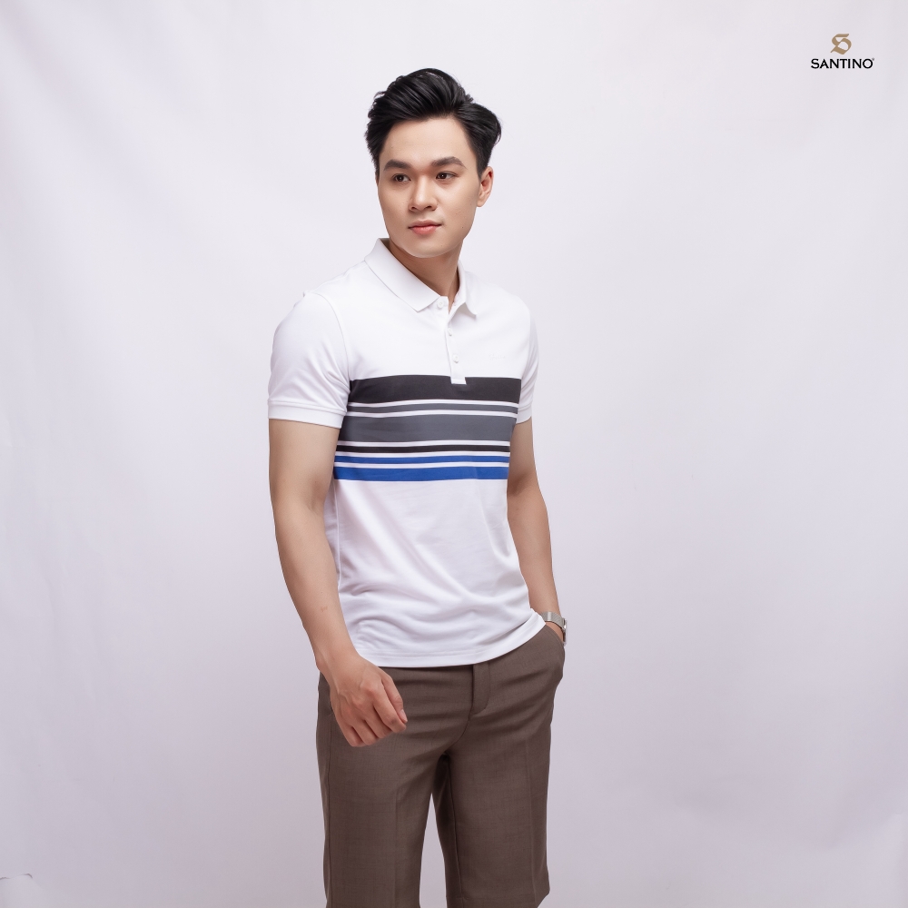 Áo Polo nam SANTINO, phối ngực lịch lãm, Cotton Cá Sấu, kháng khuẩn chống nhăn - E013