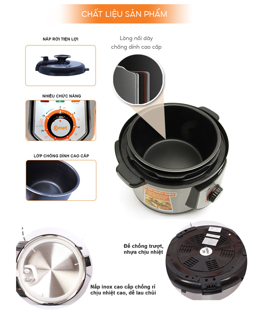 Nồi áp suất điện Comet CM6150 5 lít – 900W, 5 chế độ nấu, lòng chống dính, hàng chính hãng