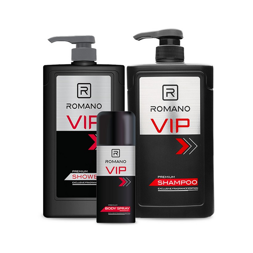 Combo Romano: Sữa tắm VIP 650gr + Dầu gội VIP 650gr + Xịt ngăn mùi toàn thân VIP 150ml