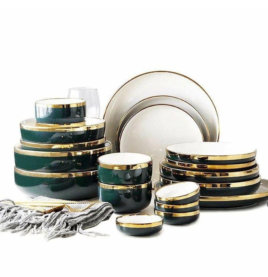 Bộ Bát 26 món màu xanh cổ vịt trong lòng trắng viền vàng cao cấp