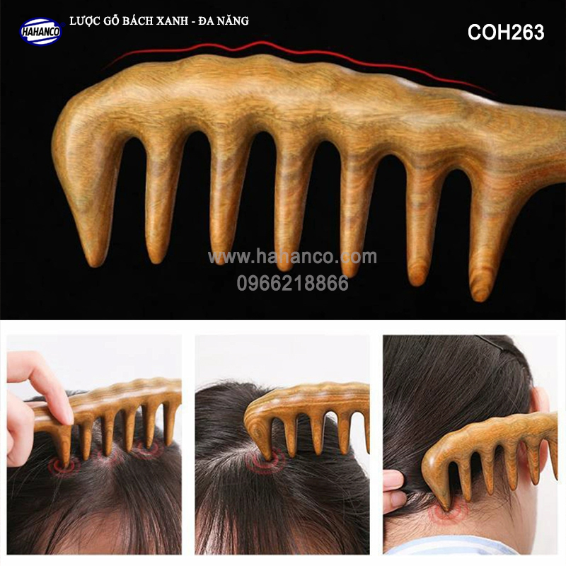 Lược gỗ thơm Bách Xanh răng thưa MÁT XA đa năng Chải tóc xoăn, rối, xù - Massage đầu giúp lưu thông máu đả thông kinh mạch, giảm nguy cơ đau đầu chóng mặt khi ngồi làm việc lâu - HAHANCO