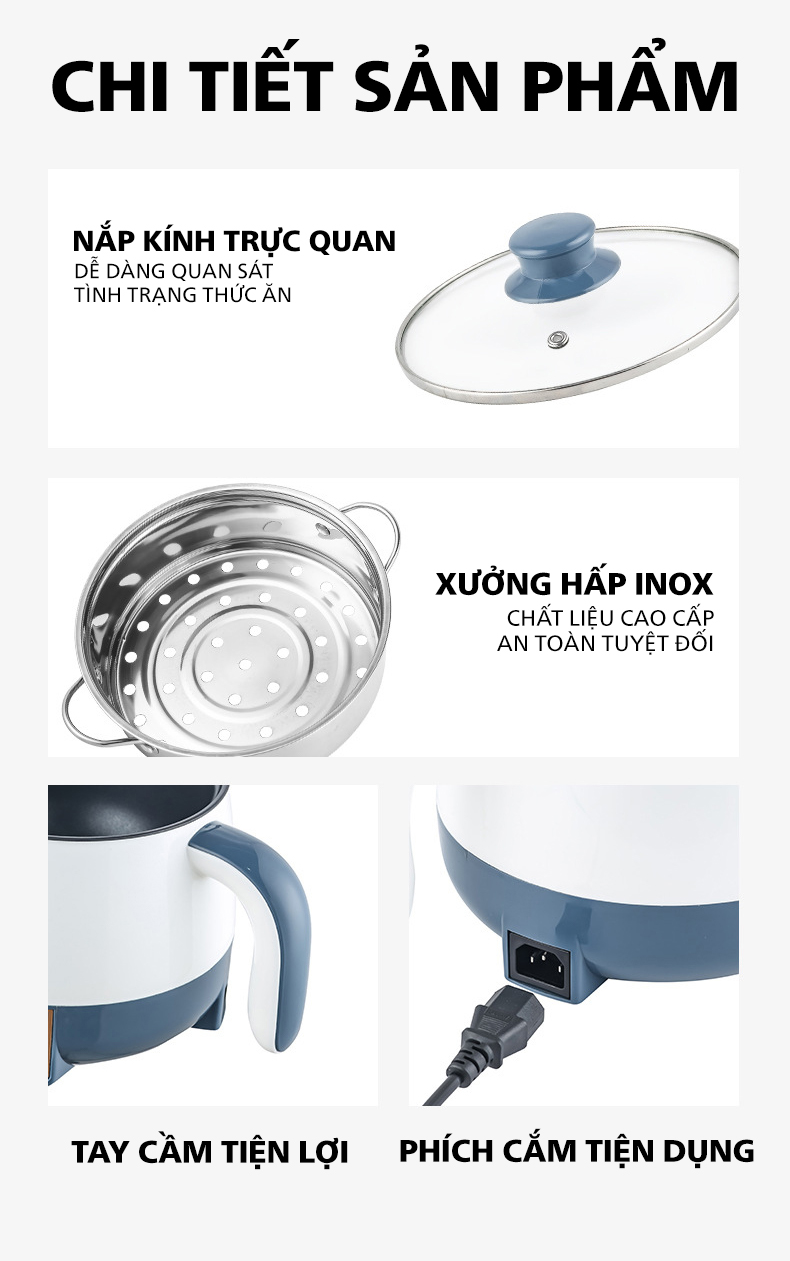 Ca Nấu Mì, Nồi Lẩu Mini Cầm Tay, Nấu Cơm Đa Năng Có Tay Cầm Nút Điện Tử 1,8L - Mẫu Mới 2021 Kèm Giá Hấp