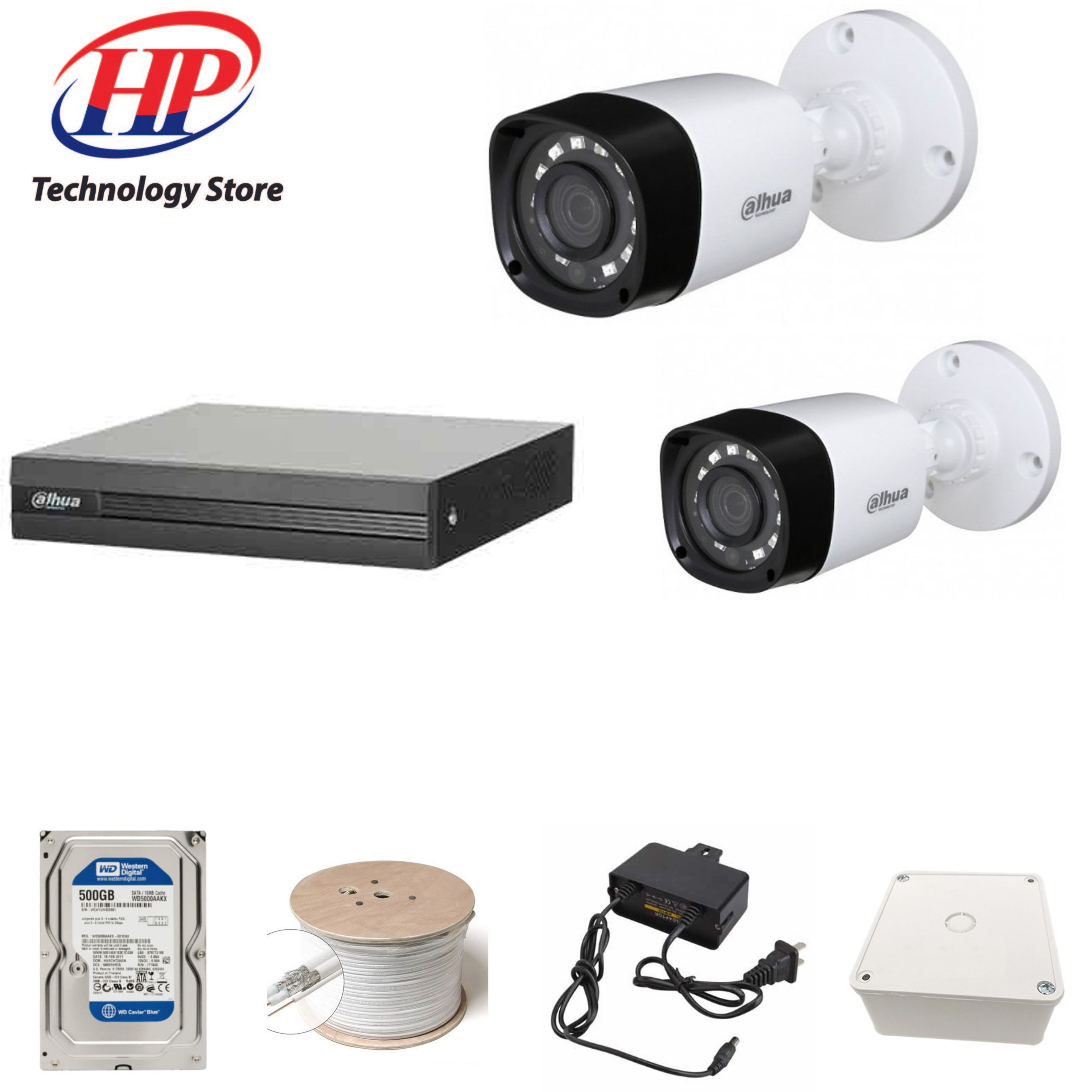 Trọn bộ 2 camera DH-HAC-B1A21P Đầu thu 4 cổng XVR1B04 đầy đủ phụ kiện, Hàng chính hãng