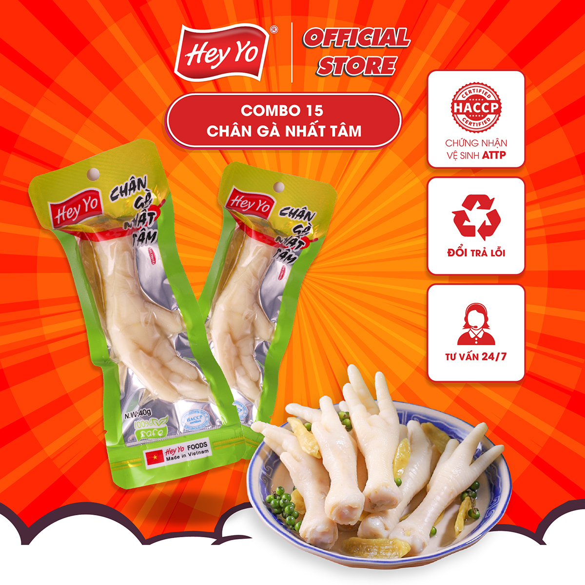 Combo 15 Chân Gà cay Hey Yo Nhất Tâm 40g, chân gà ớt xanh hàng Việt Nam thơm ngon chất lượng