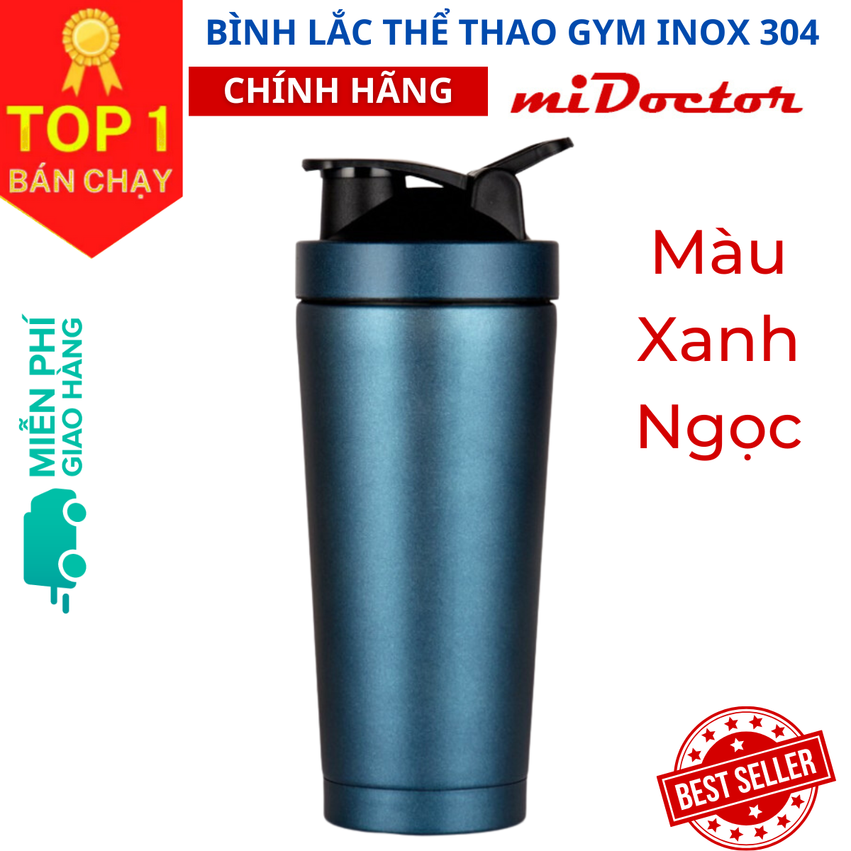 [Màu Xanh Ngọc] Bình Lắc Thể Thao Shaker Tập Gym Inox 304 Kèm Bóng Lò Xo - Hàng Chính Hãng miDoctor