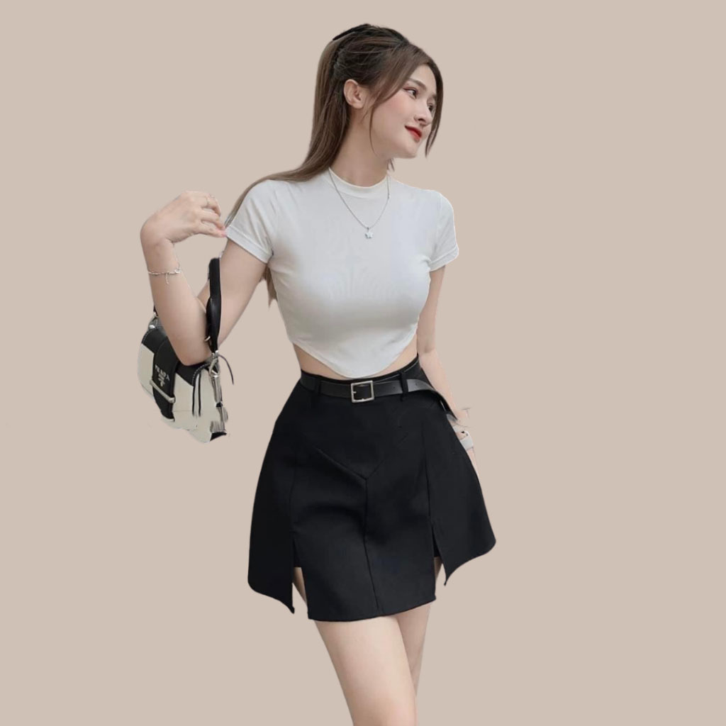 Bộ nữ chân váy kaki áo croptop vạt tôm chất cotton 168