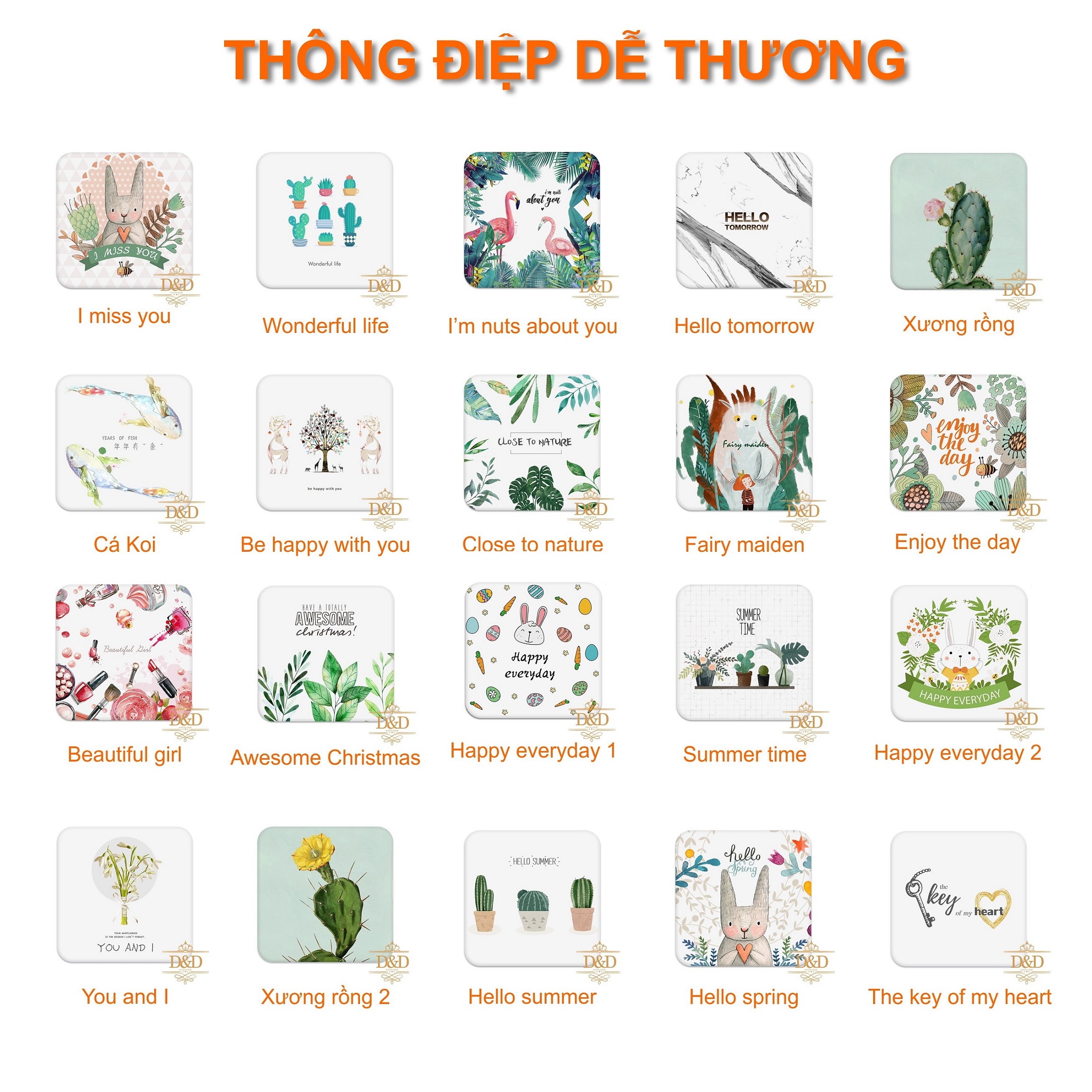 Miếng lót ly - Tấm lót ly, cốc siêu hút nước bằng đất xốp Diatomite họa tiết, thông điệp dễ thương