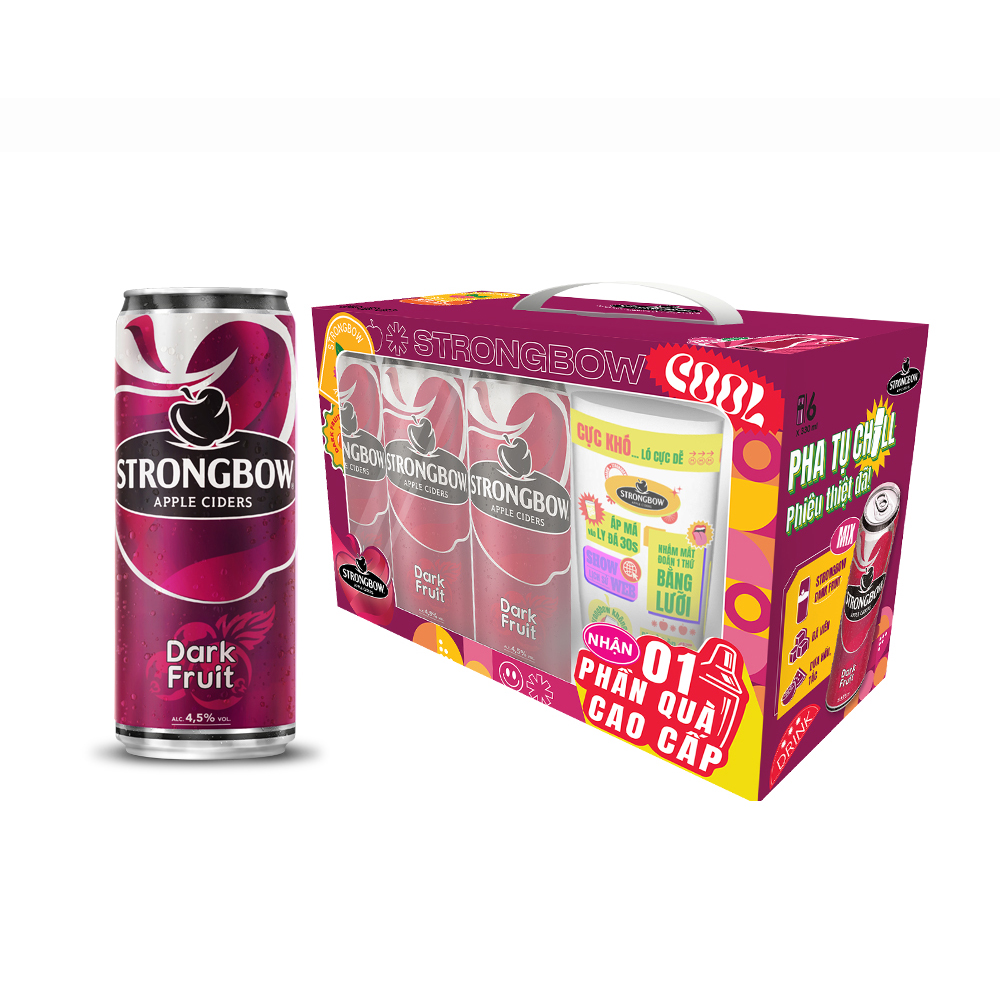 Lốc 6 lon nước táo lên men Strongbow Vị Dâu đen 330ml/lon - Phiên bản lễ hội tặng kèm 1 bình shake trong hộp