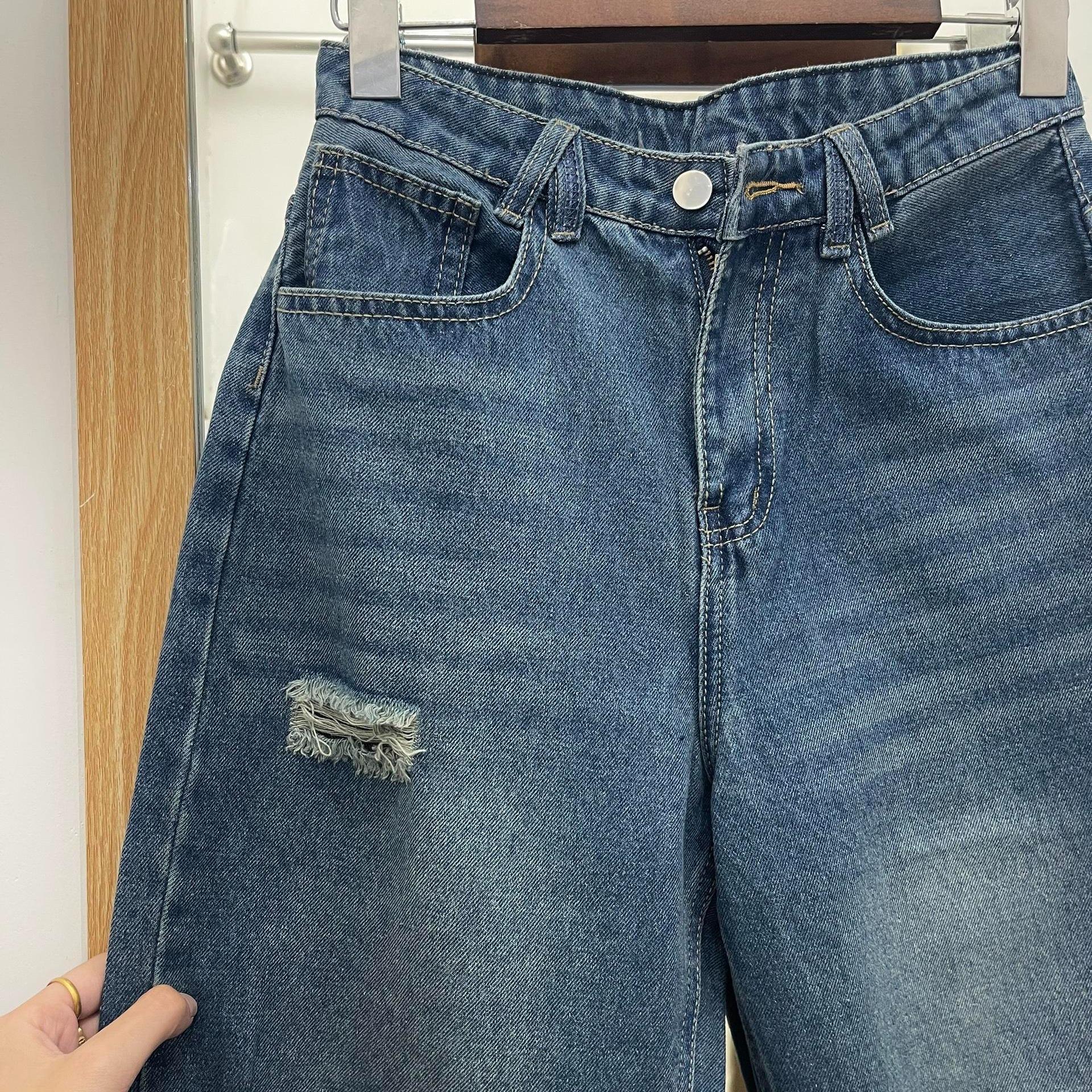 Quần Jean Form Suông Rộng Rách Gối Xanh Đậm - Leda