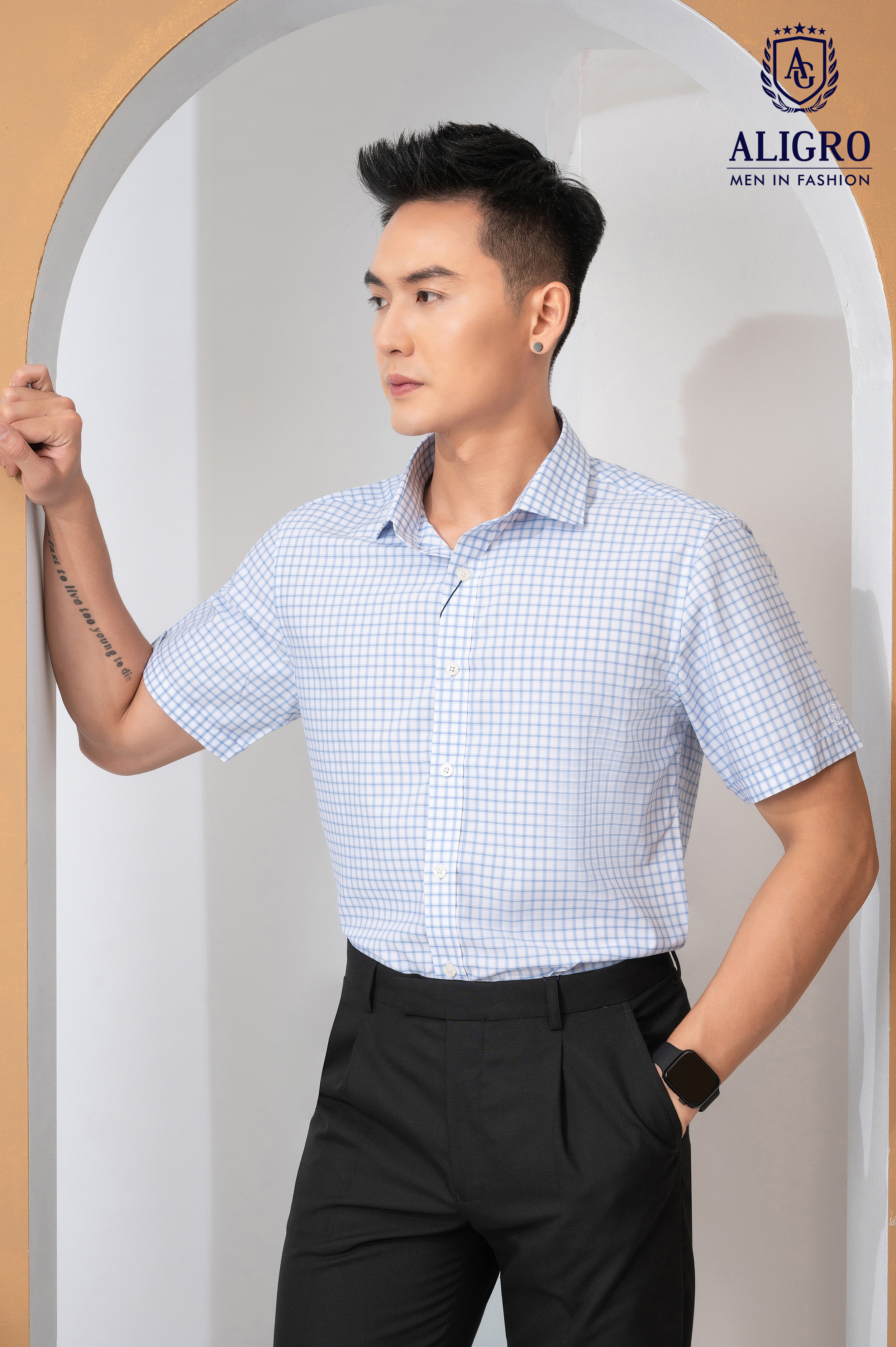 Áo sơ mi nam ngắn tay ALIGRO màu xanh da trời họa tiết kẻ sọc form slim vừa thời trang công sở trẻ trung ALGS-C116