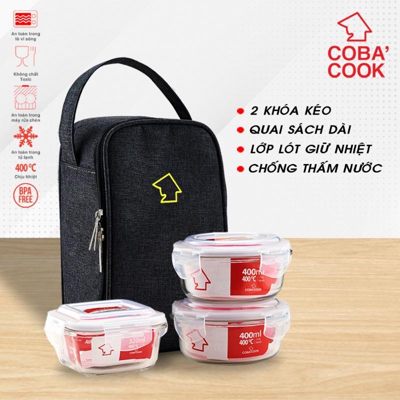 Bộ 3 hộp đựng cơm thức ăn, trữ thực phẩm thủy tinh chịu nhiệt COBA'COOK 2 hộp tròn 400ml + 1 hộp vuông 320ml và 1 túi giữ nhiệt  nhiệt-CCR4S33BL