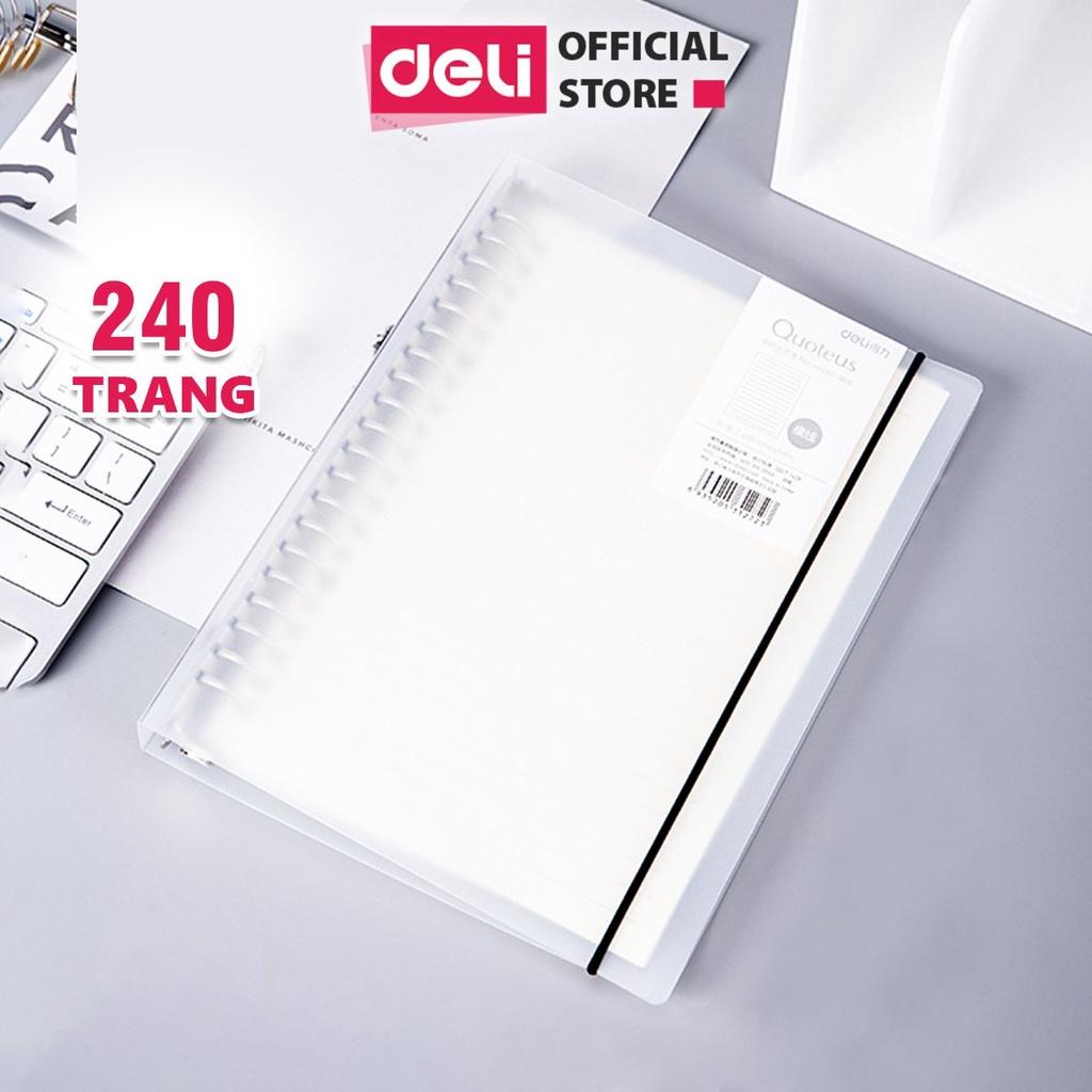 Combo sổ còng sắt và lõi giấy A5 Deli file nhựa có kèm dây rút- 240 trang - 120 tờ - Lõi ô vuông/kẻ ngang