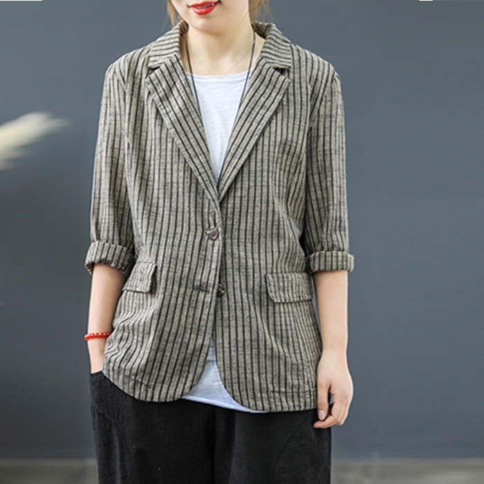 Hình ảnh Áo Brazer nữ dáng suông 1 lớp ArcticHunter, chất vải linen mềm mịn, thời trang phong cách Nhật Bản - Xám sọc trắng