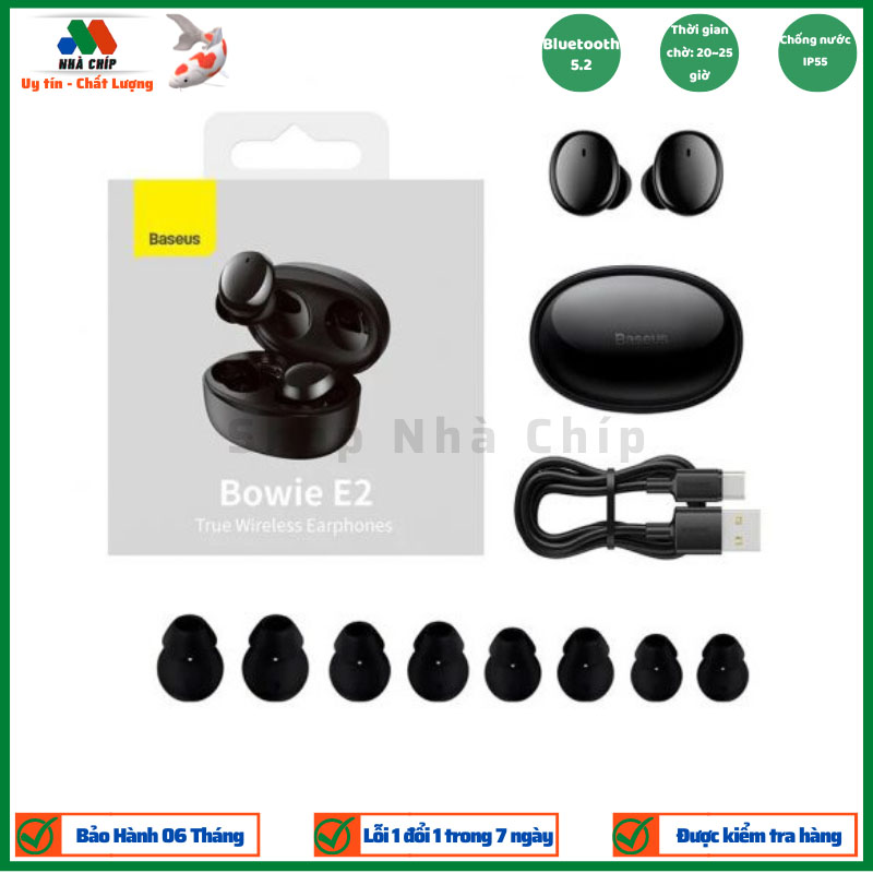 Tai nghe Bluetooth nhỏ gọn Baseus Bowie E2 True Wireless Earphones (Bluetooth V5.2 ,5 ~ 25h sử dụng, Anti-Los, điều khiển APP, WS chống nước IP55)-Hàng chính hãng