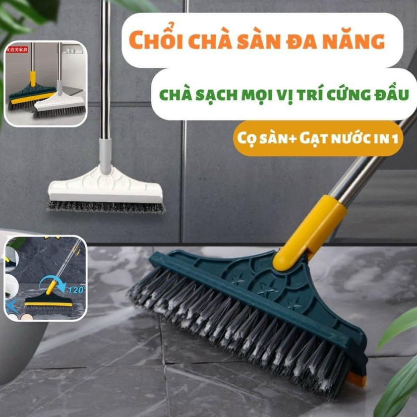 Chổi cọ nhà vệ sinh, cây chà sàn kèm gạt nước đa năng 2 trong 1, đầu xoay 120 độ cọ sạch khe hẹp và góc tường