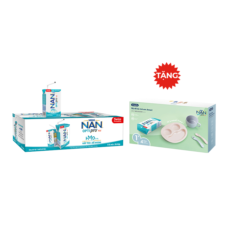 Thùng 36 Hộp Sữa Dinh Dưỡng Pha Sẵn NESTLE NAN OPTIPRO Kid 115ml/Hộp - Tặng Bộ đồ ăn trẻ em