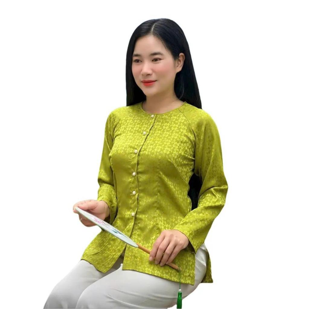 (BÀ BA GẤM HOA NỖI Bigsize) Trang phục truyền thống, Bộ quần áo nữ Phật tử, đồ lam đi chùa mẫu nữ vải gấm 7XL - Tím không quần