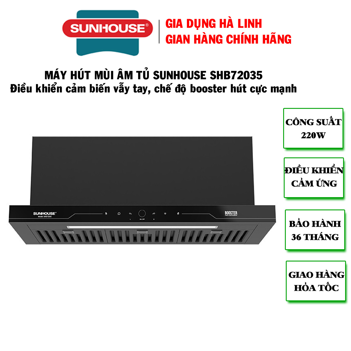 Máy hút mùi âm tủ Sunhouse SHB72035, Công suất 220W, Công suất hút 750m3/h,Công nghệ Ultra-Quiet độ ồn thấp, Điều khiển cảm biến thông minh, Chế độ Booster hút cực mạnh, Bảo hành 36 tháng tại nhà - Hàng chính hãng