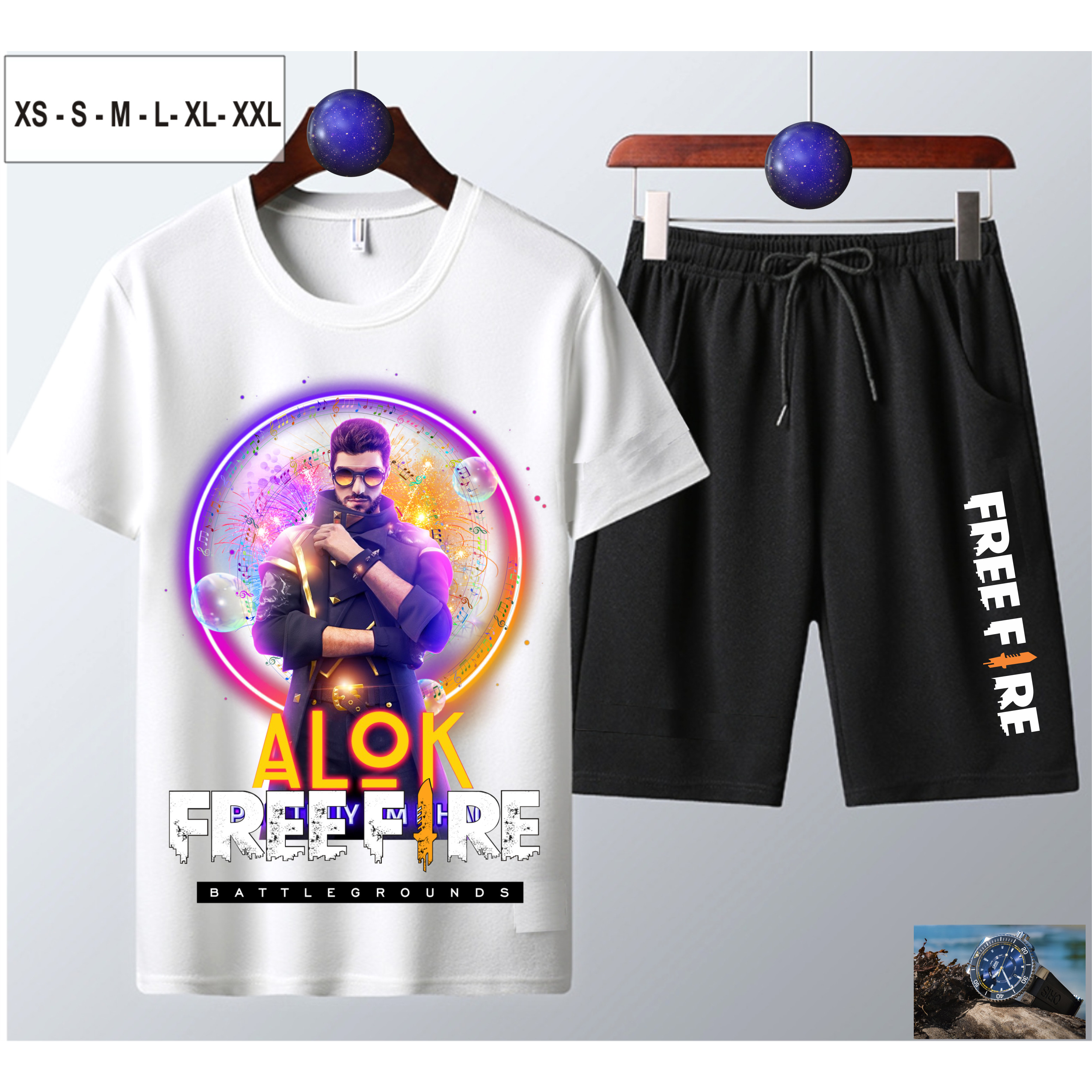 Bộ Áo thun + Quần Short nam in hình Free Fire ALOK cotton màu trắng